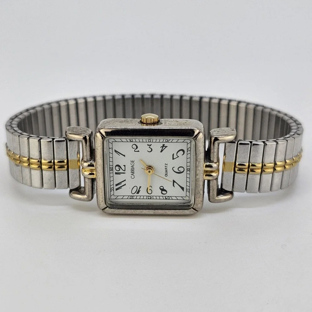 Carriage Timex Women Watch 20MM White Dial Two Tone Stretch‎ Band 6